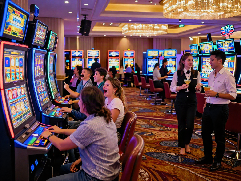 Engaged players enjoying bandar slot machines in a vibrant casino atmosphere.