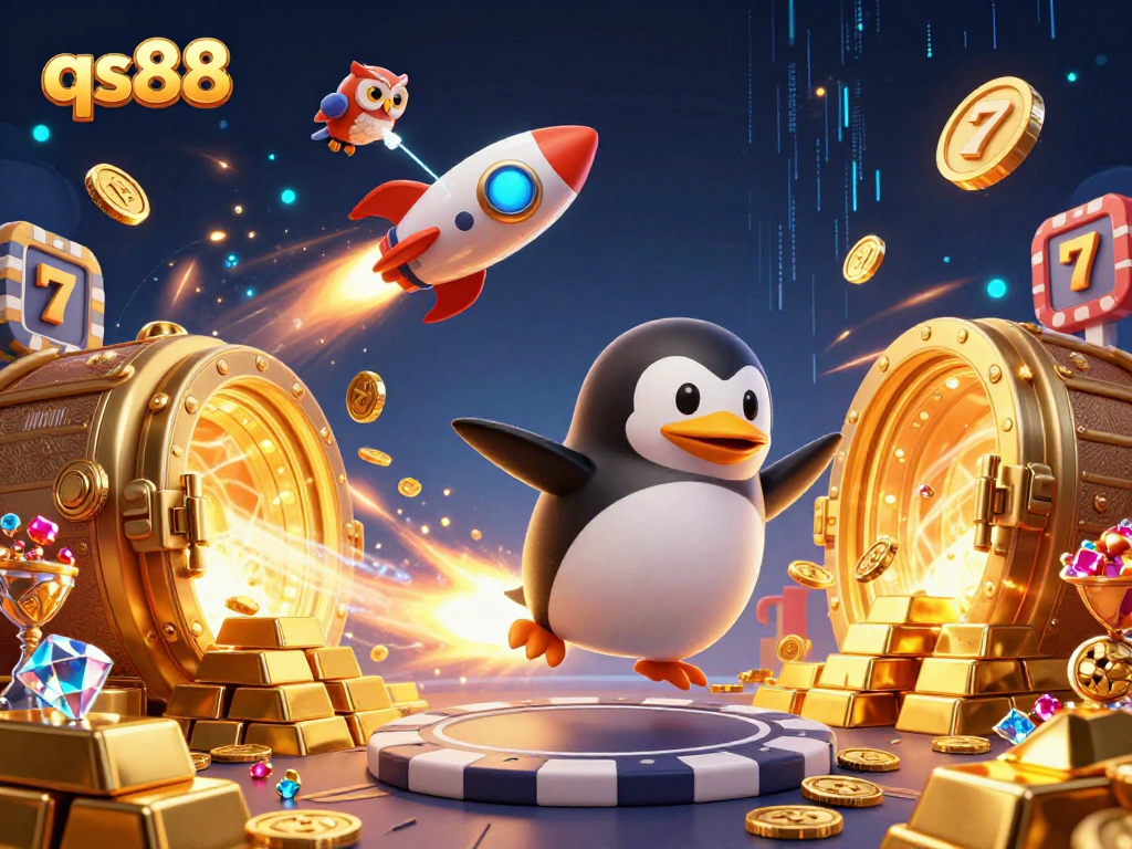 Experience winning at qs88 with a dynamic scene of a golden penguin, treasure, and a poker chip station.