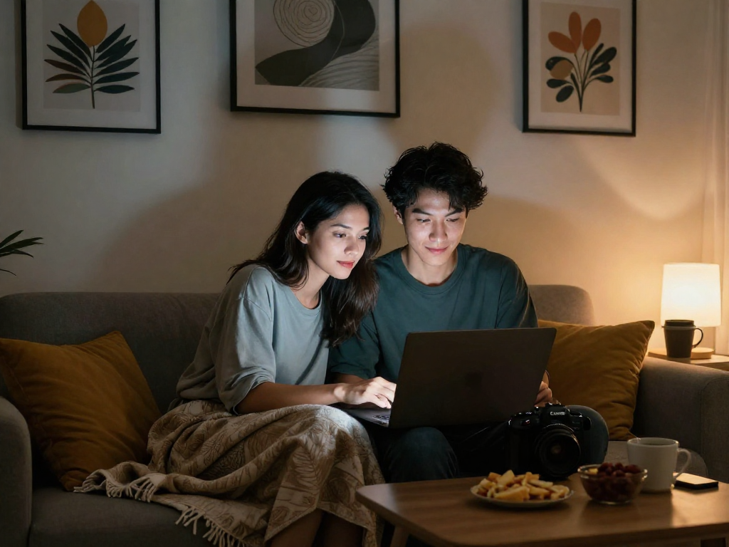 Intimate nsfw chat scene with a couple engaging on a laptop in cozy surroundings.