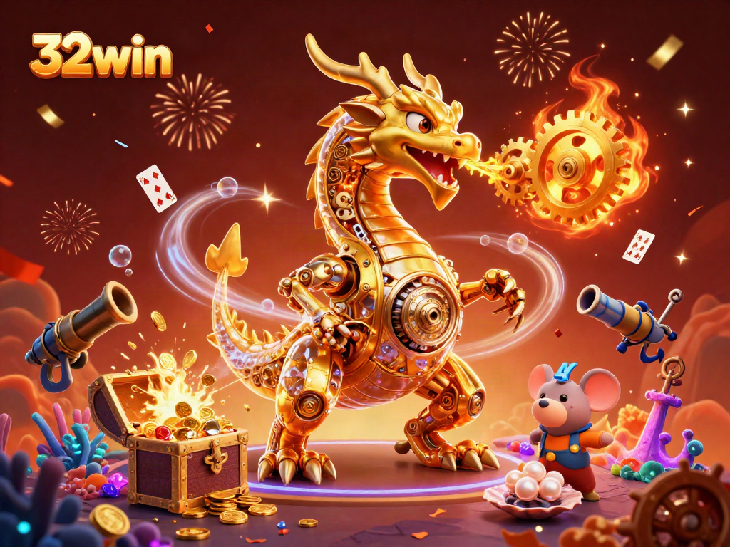 Experience thrilling wins with 32win in this vibrant 3D casino illustration featuring a dragon and dynamic game elements.