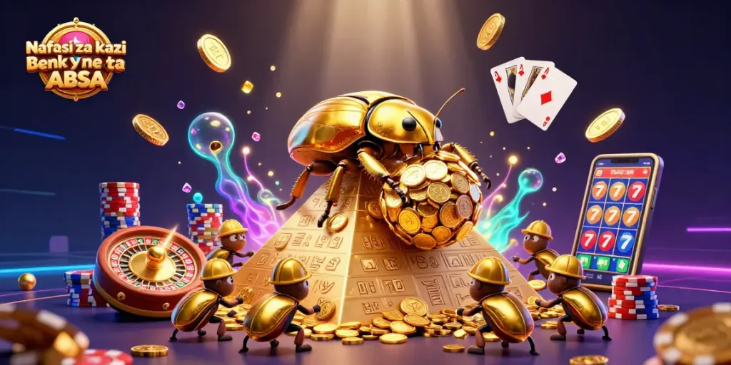 Nafasi za kazi Benk ya ABSA, a vibrant scene depicting a golden dung beetle rolling coins, surrounded by casino elements
