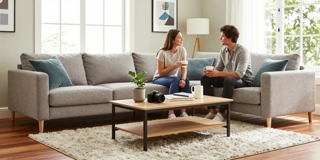 Home The Spruce showcasing a modern living room with a stylish sofa table, inviting atmosphere, and natural light.