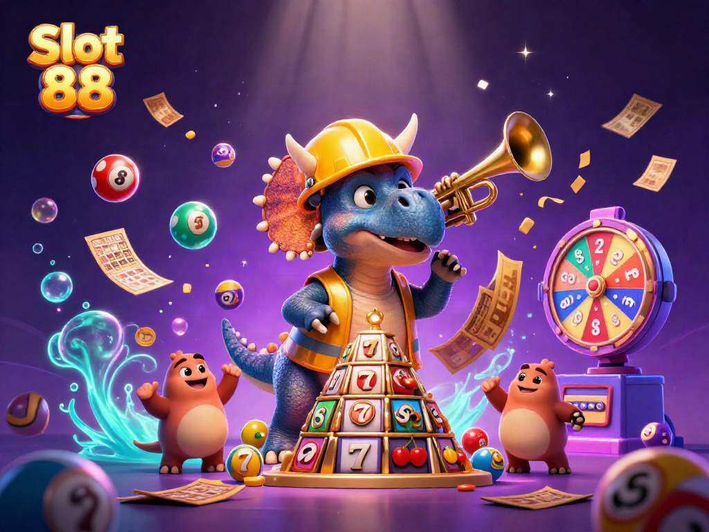 Experience Slot 88's excitement with a dynamic 3D casino illustration showcasing cheerful characters and vibrant slot symbols.