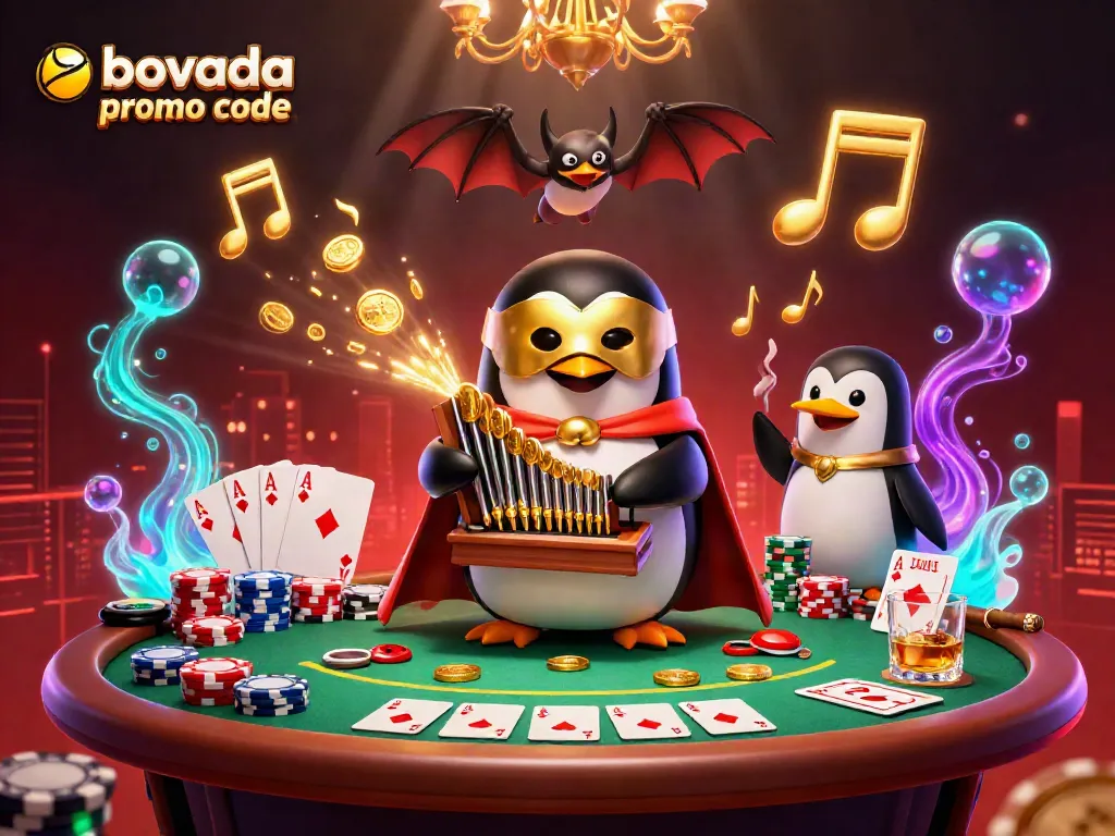 Experience the thrill of the Bovada promo code with an enchanting casino scene featuring a phantom penguin and bat acrobat.