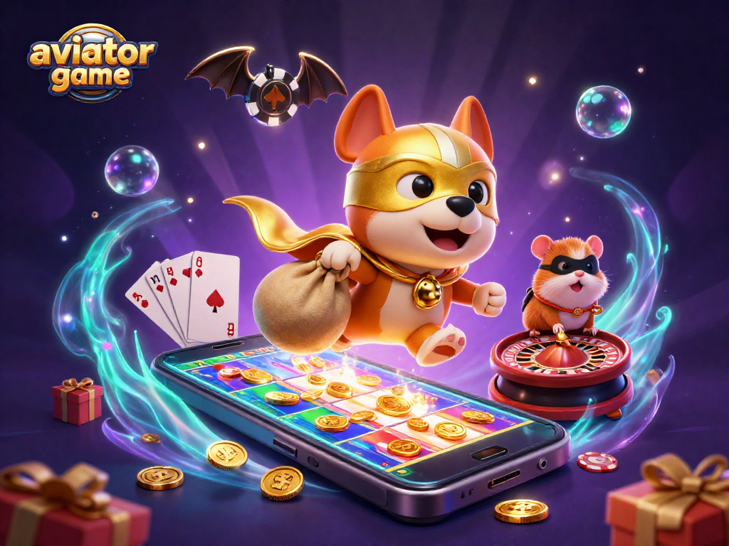Experience the excitement of the aviator game with our dynamic 3D illustration of a superhero dog and hamster amidst vibrant casino elements.