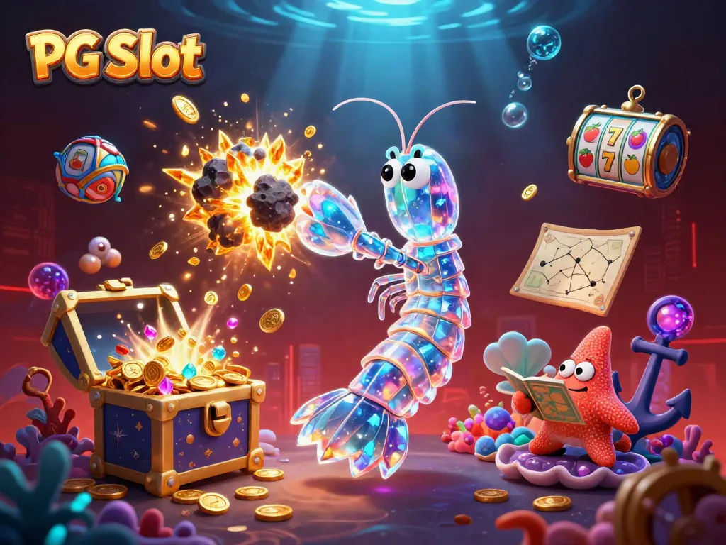 Menggali harta dalam PG Slot dengan efek cahaya bioluminescent dan simbol permainan.