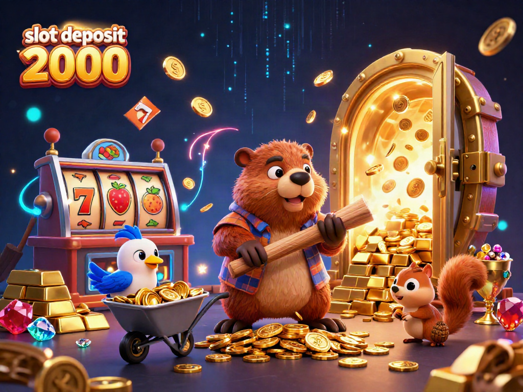 Experience excitement in slot deposit 2000 gameplay with animated characters celebrating wins in a vibrant casino scene.