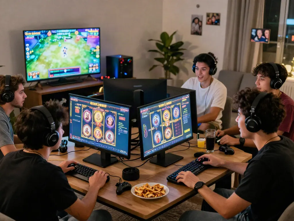 Friends enjoying slot gacor games in a cozy living room with vibrant screens and snacks.