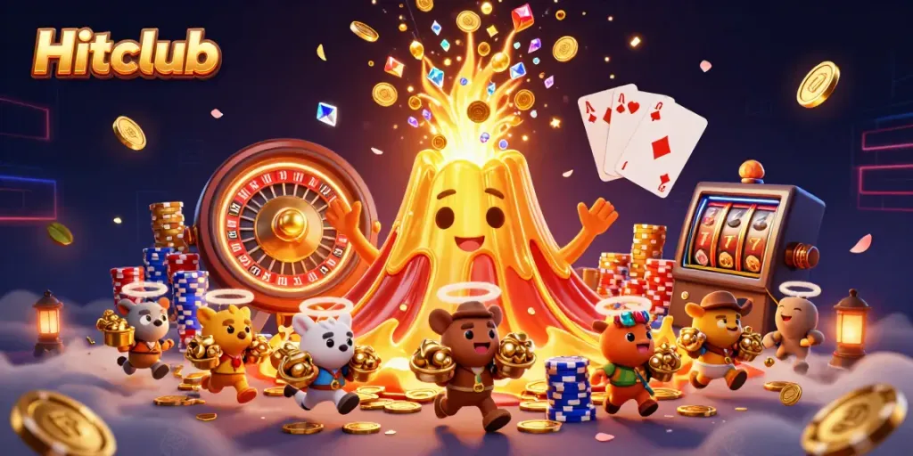 Hitclub showcases a triumphant golden volcano with treasure and vibrant casino elements in a dynamic scene.