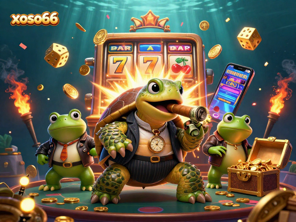 Engage with xoso66's vibrant illustration showcasing a snapping turtle mobster among casino jackpots and gold.