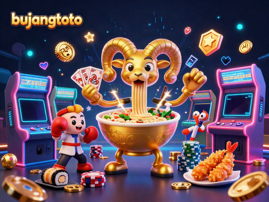 Bujangtoto cartoon scene with a giant ramen bowl dealer and vibrant gaming elements.