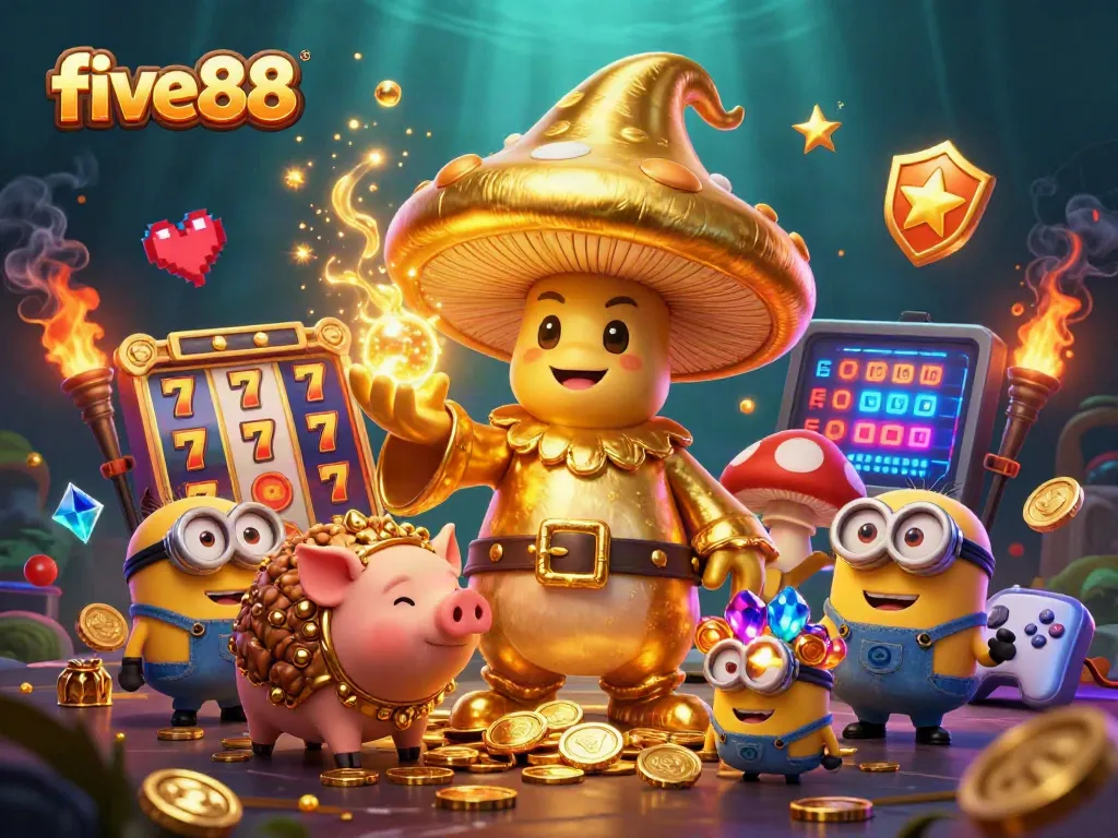 Experience the magic of five88 with an enchanting golden mushroom wizard and treasure-hunting pig in a vibrant casino scene.