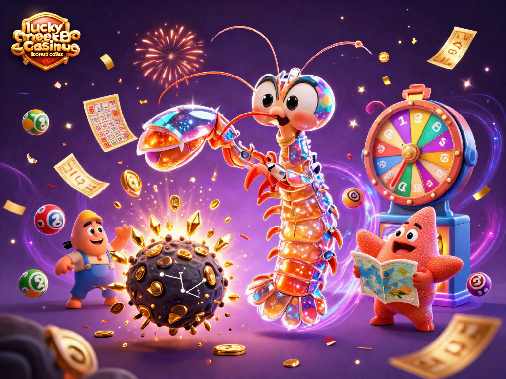 Engage with Lucky Creek casino bonus codes featuring a vibrant 3D scene of a galactic samurai and asteroids exploding with gems.