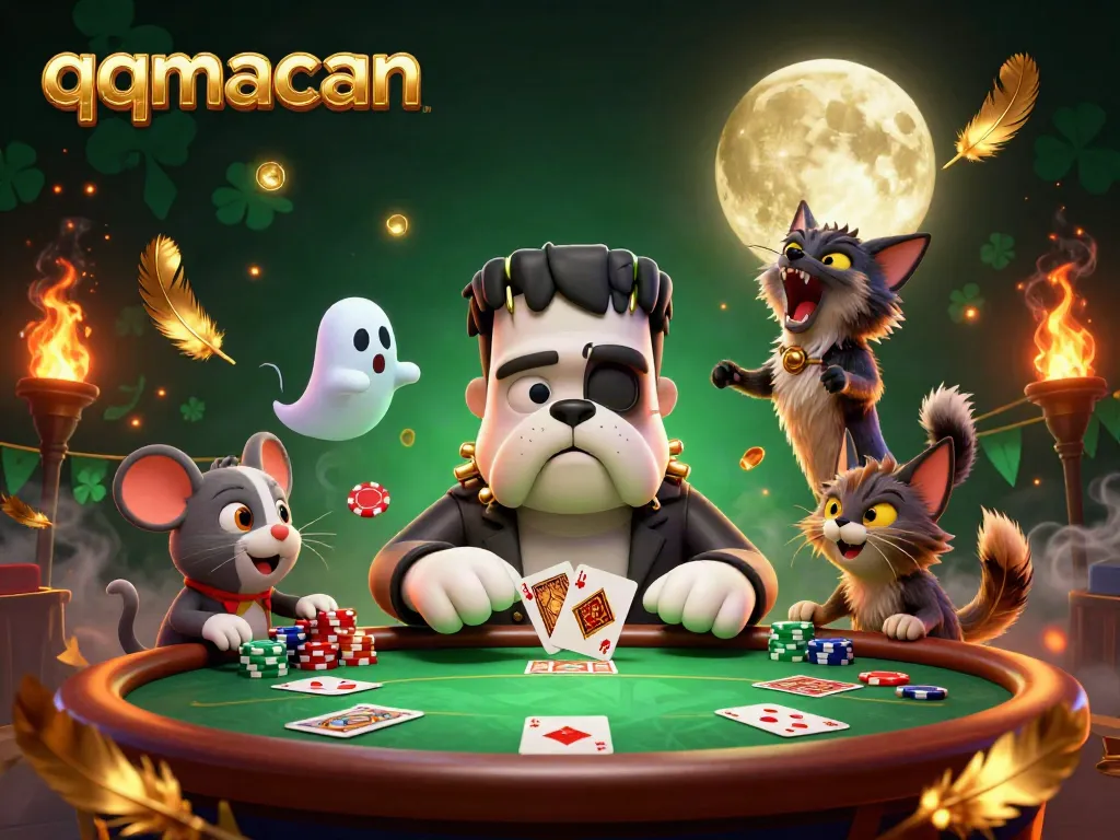 Engaging qqmacan scene with a Frankenstein bulldog dealing cards at a poker table, ghost mouse, and werewolf kitten.