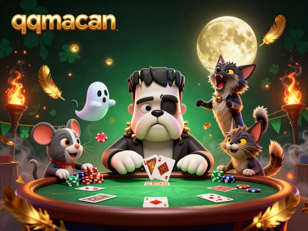 Engaging qqmacan scene with a Frankenstein bulldog dealing cards at a poker table, ghost mouse, and werewolf kitten.