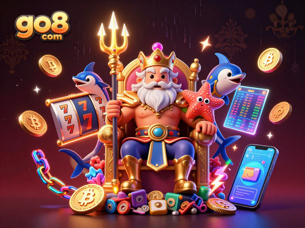 Engage with go8 com's vibrant slots with a dynamic 3D illustration showcasing Neptune and game elements.
