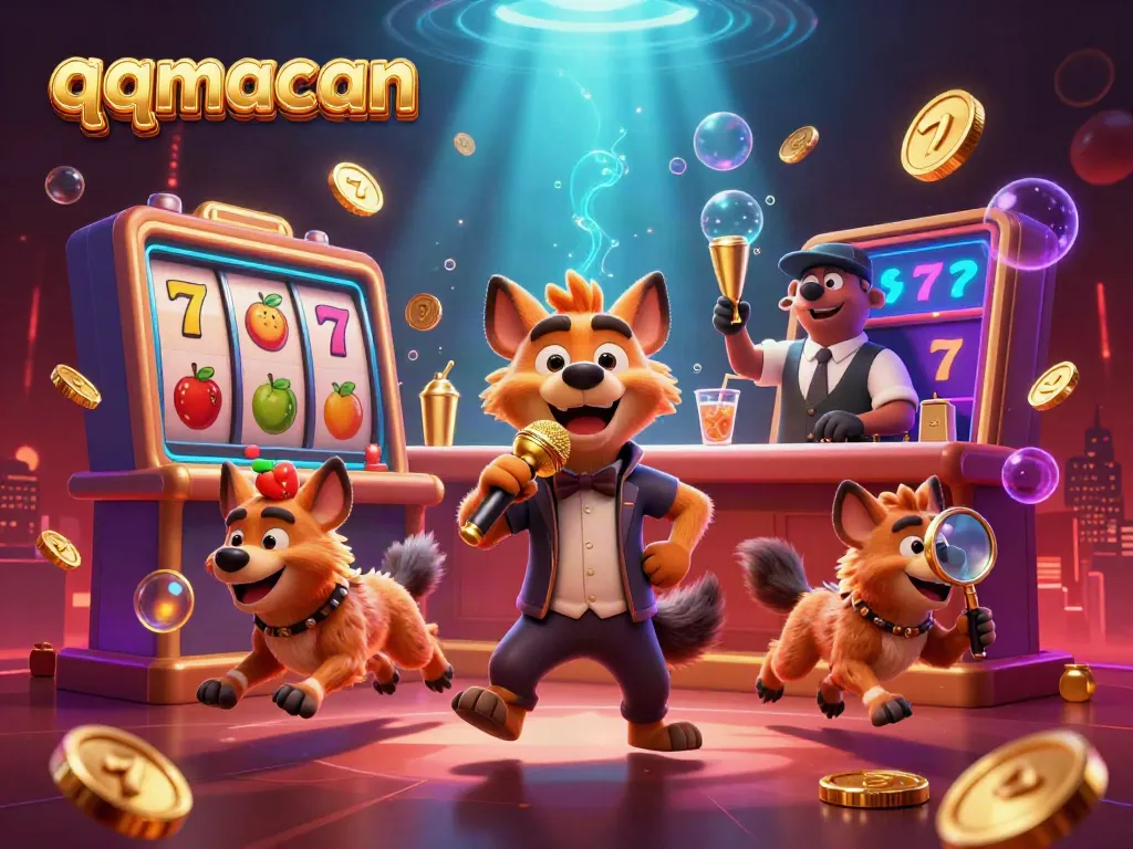 Join the laughter at qqmacan's comedy casino with animated hyenas, slot reels, and sparkling treasures.
