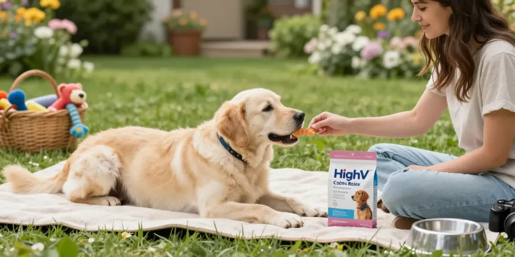 Calming Dog Treats being shared in a serene outdoor setting, enhancing wellness for dogs with natural ingredients.