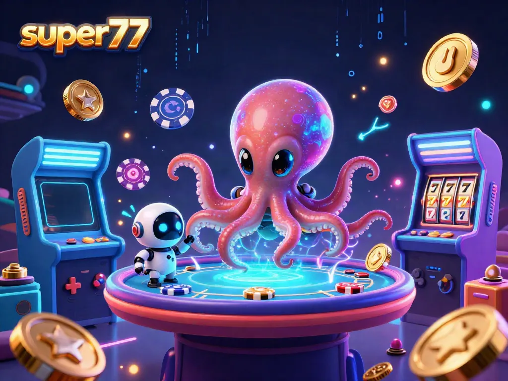 Engage in thrilling gameplay at Super77 with a vibrant alien octopus and poker table surrounded by colorful casino elements.