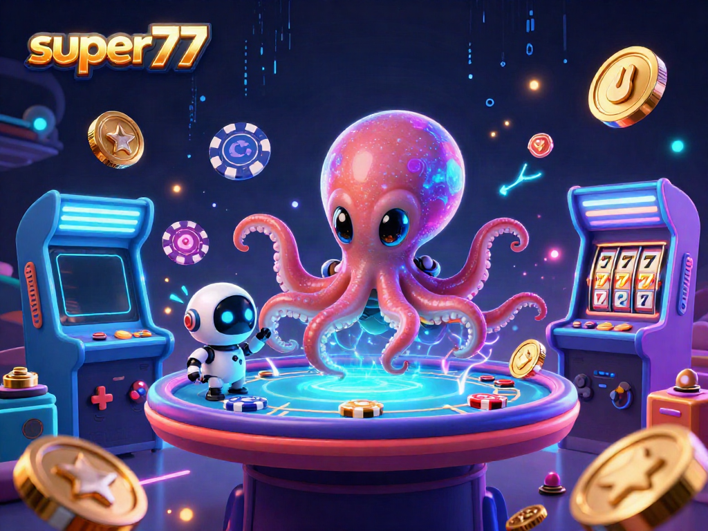 Engage in thrilling gameplay at Super77 with a vibrant alien octopus and poker table surrounded by colorful casino elements.
