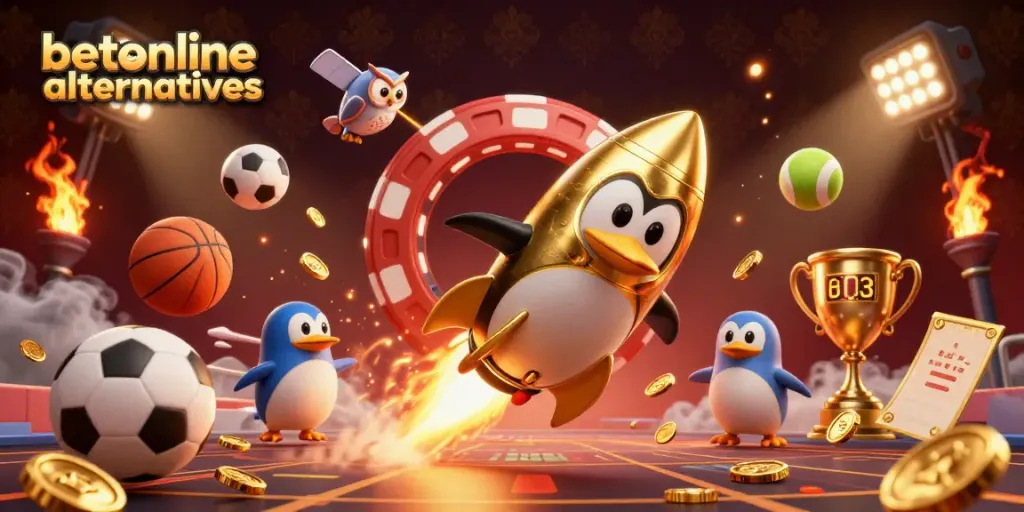 Exciting betonline alternatives scene with a rocket-powered penguin, casino elements, and dynamic sports balls.
