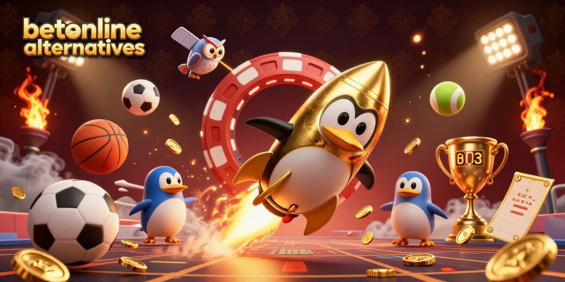 Exciting betonline alternatives scene with a rocket-powered penguin, casino elements, and dynamic sports balls.