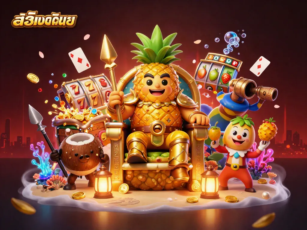 Experience สล็อตยอดนิยม with the golden pineapple king and vibrant casino elements in a lively scene.