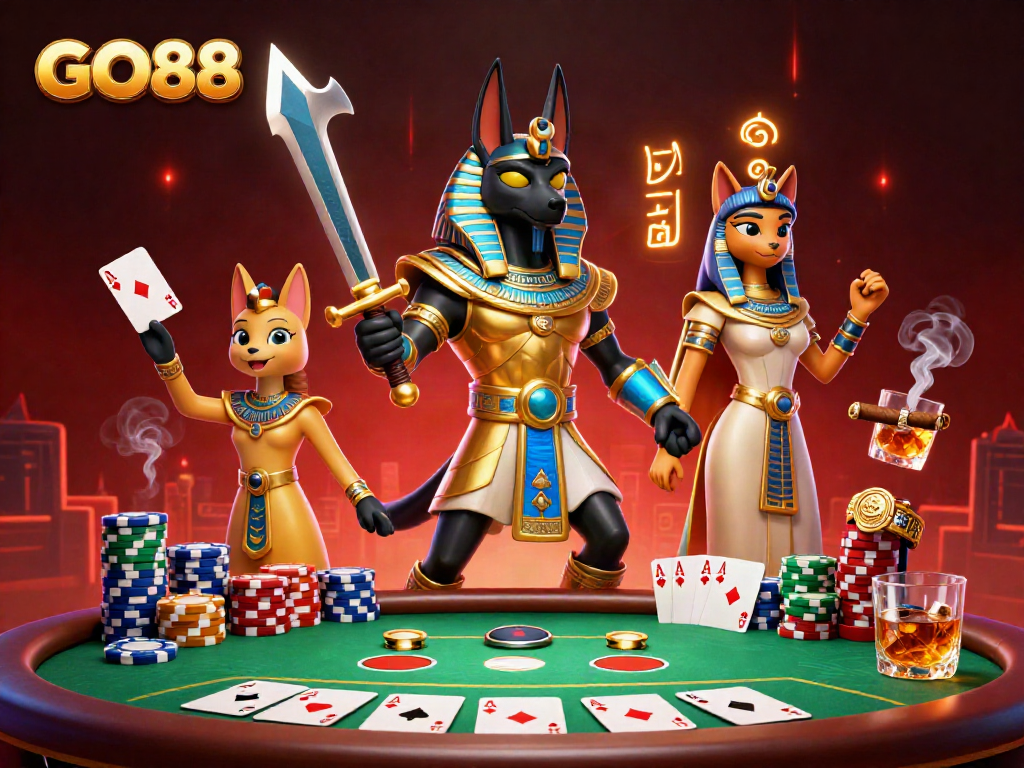 Experience high-stakes poker with GO88's vibrant 3D characters and rich casino atmosphere.