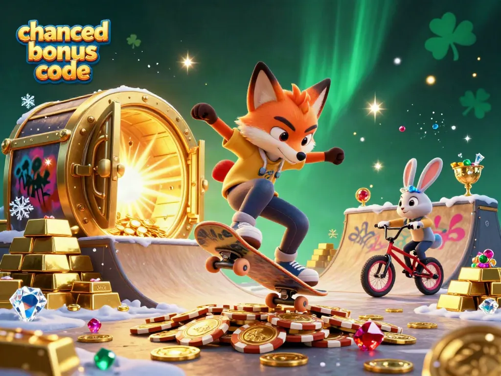 Claim your chanced bonus code with vibrant casino-themed 3D illustration of skateboarding characters.