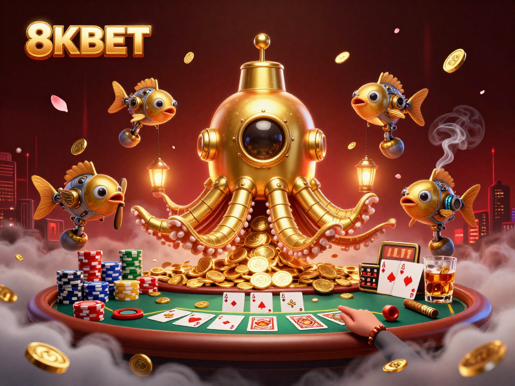 Players enjoy thrilling poker games at 8KBET, featuring a colorful casino atmosphere with golden coins.