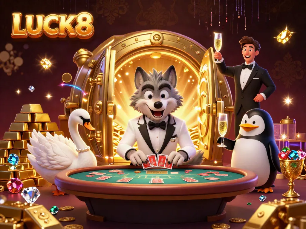 Experience a luxury gaming atmosphere with LUCK8 featuring vibrant characters and sparkling casino elements.