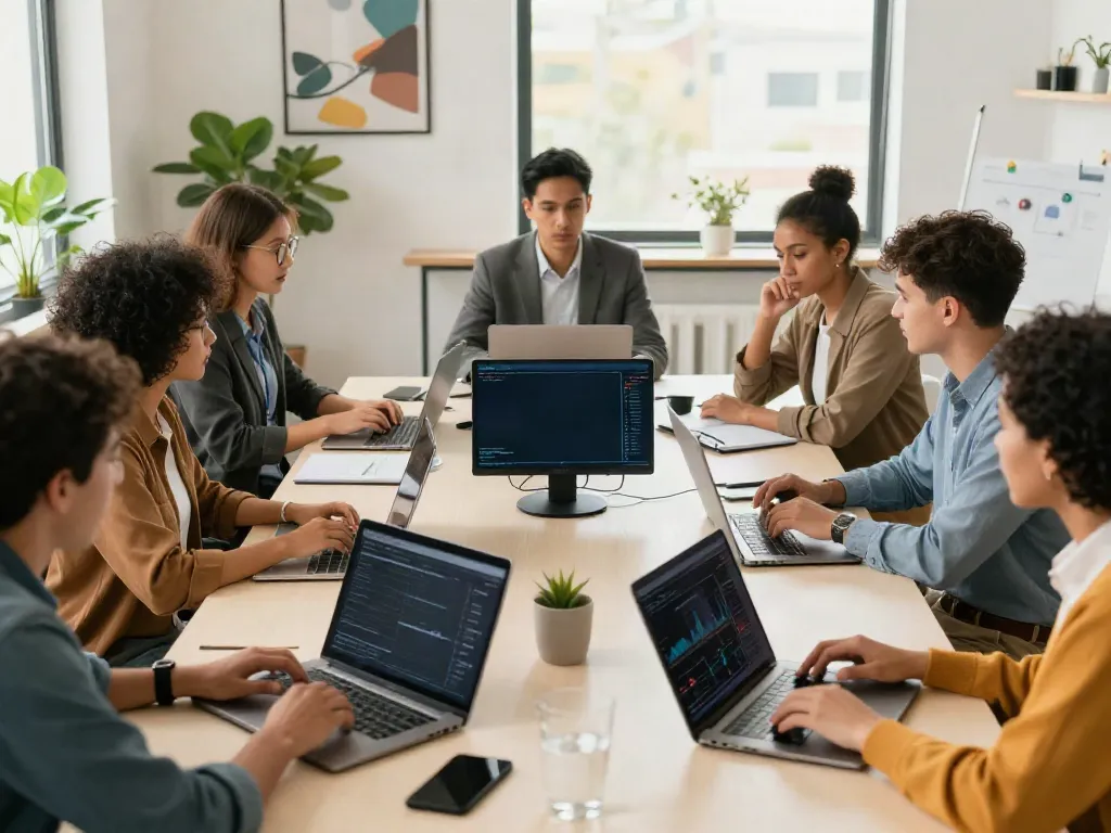 A diverse team collaborating around a table displaying analytics and growth metrics in a professional office space.