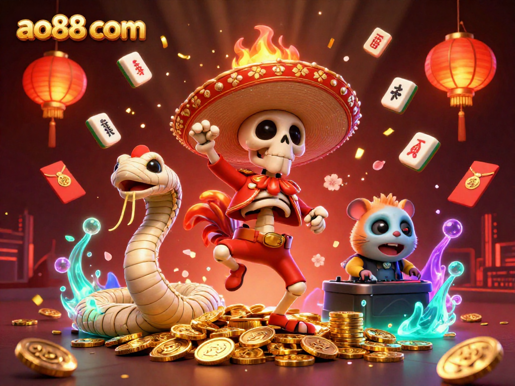 Experience the excitement at ao88 com with a vibrant 3D casino illustration highlighting lucky symbols and festive characters.