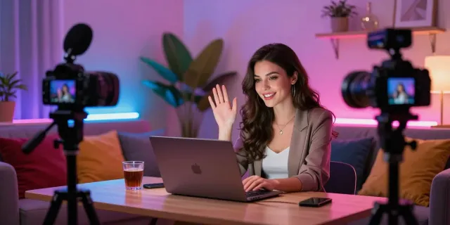 Live sex cam girl engaging with viewers in a vibrant streaming studio.