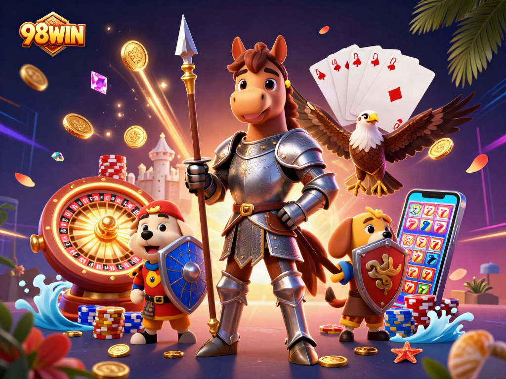 Experience thrilling 98WIN action with a dynamic casino-themed 3D illustration depicting bold gambling elements.