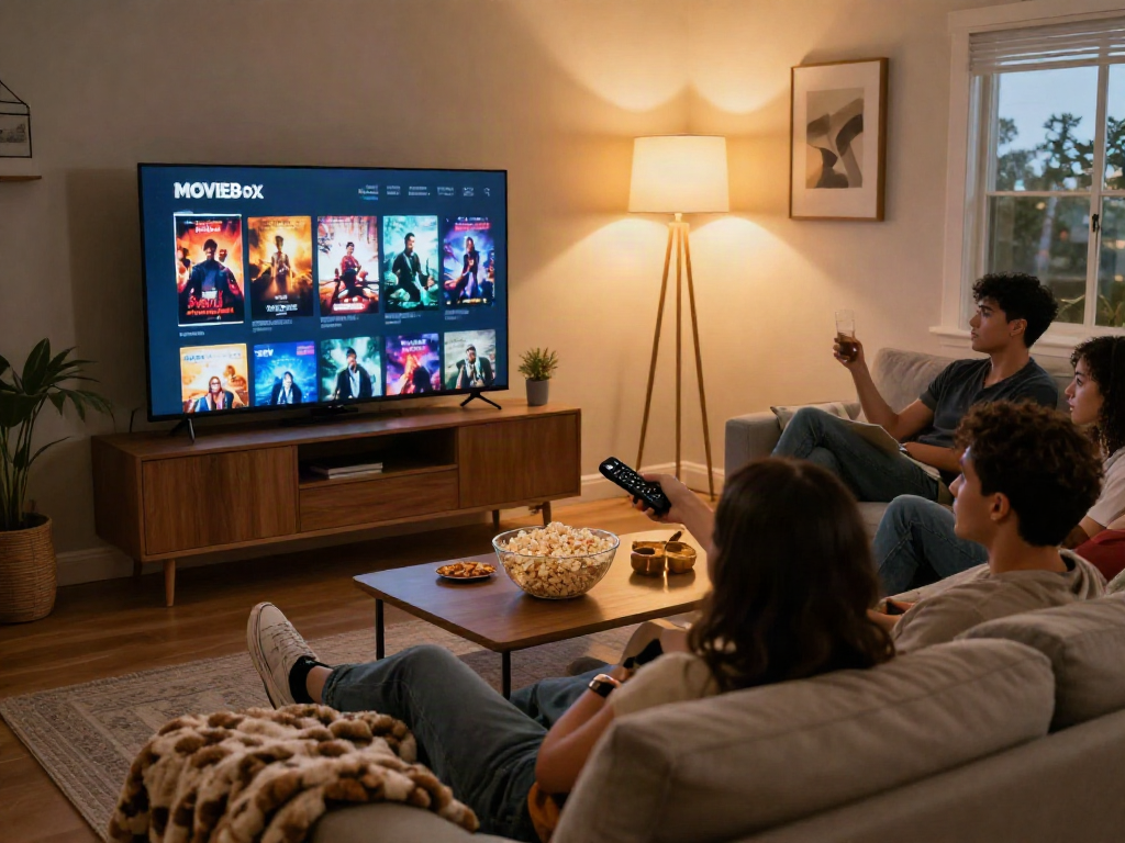 Viewing the Moviebox platform on TV with friends in a cozy living room.