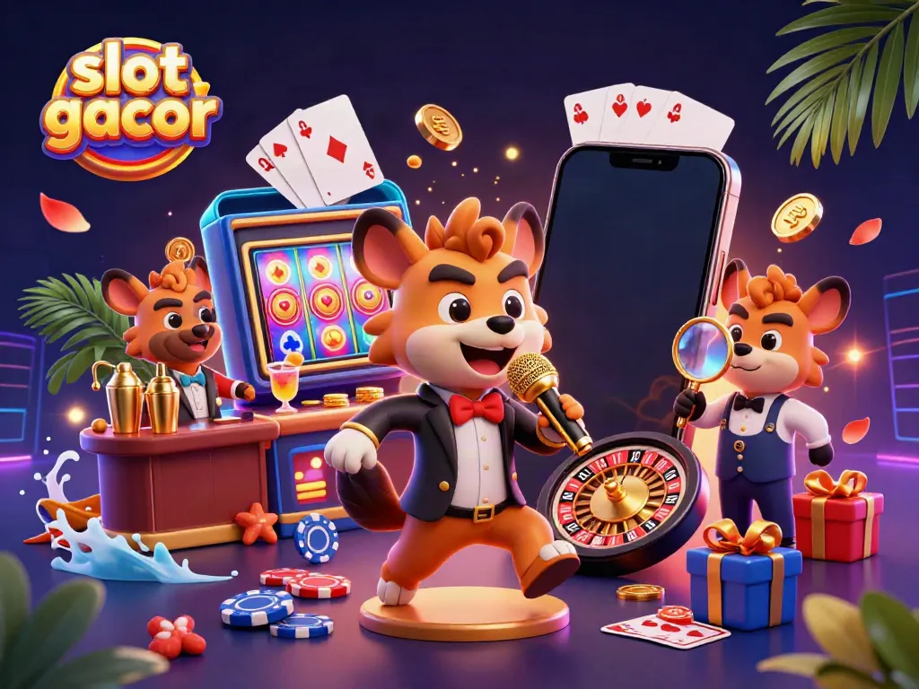 A vibrant casino scene featuring slot gacor hyenas, a comedian, bartender, and bouncer in a lively atmosphere.