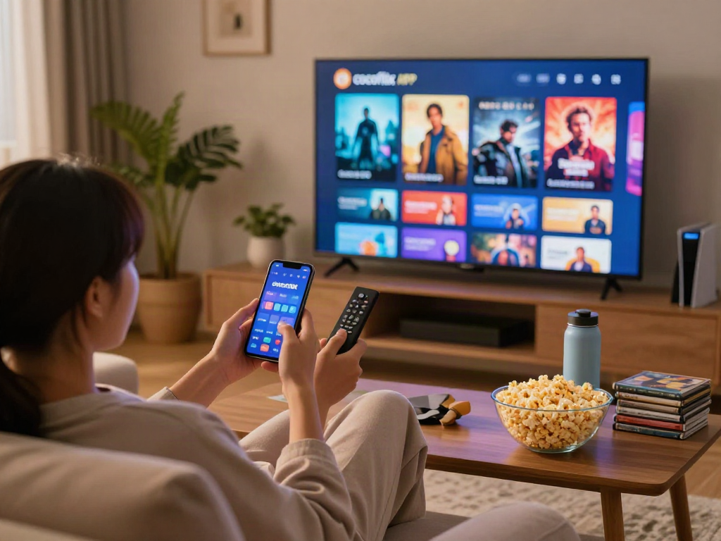 Cocoflix APK streaming setup with user enjoying movies in a cozy living room.