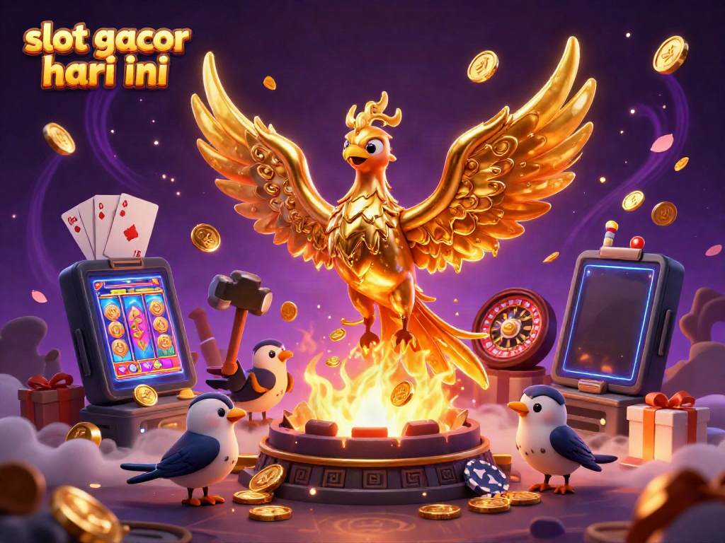Experience the excitement of slot gacor hari ini with dynamic golden phoenixes and gaming action in a colorful scene.