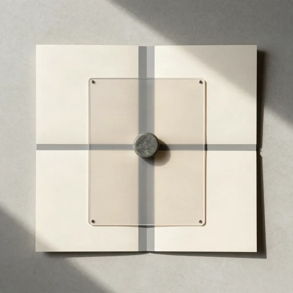 Overhead flatlay of a cream valuation dossier with acetate overlay and stone weight on pale concrete.