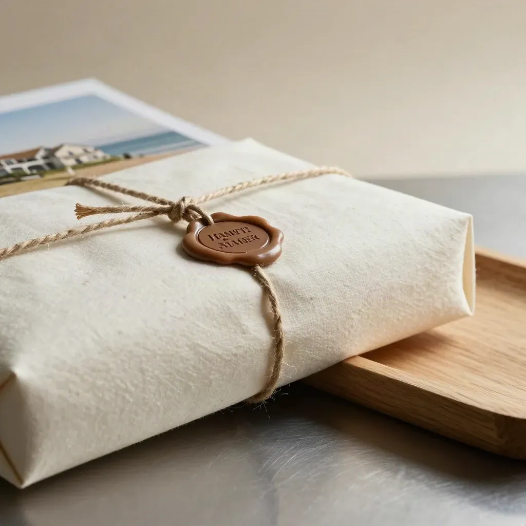 Macro of an ivory cotton-paper estate lease kit with twine and wax seal on a pale oak tray.