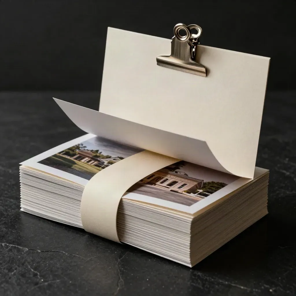 Luxury real-estate campaign kit with cream band, prints, and metal clip on a dark studio surface.
