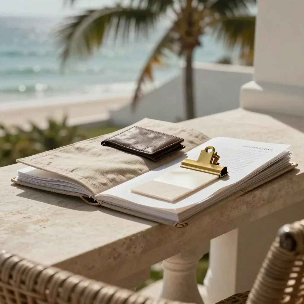 Sand linen buyer-search folio with brass clips and a shell-white swatch on a Palm Beach veranda ledge.