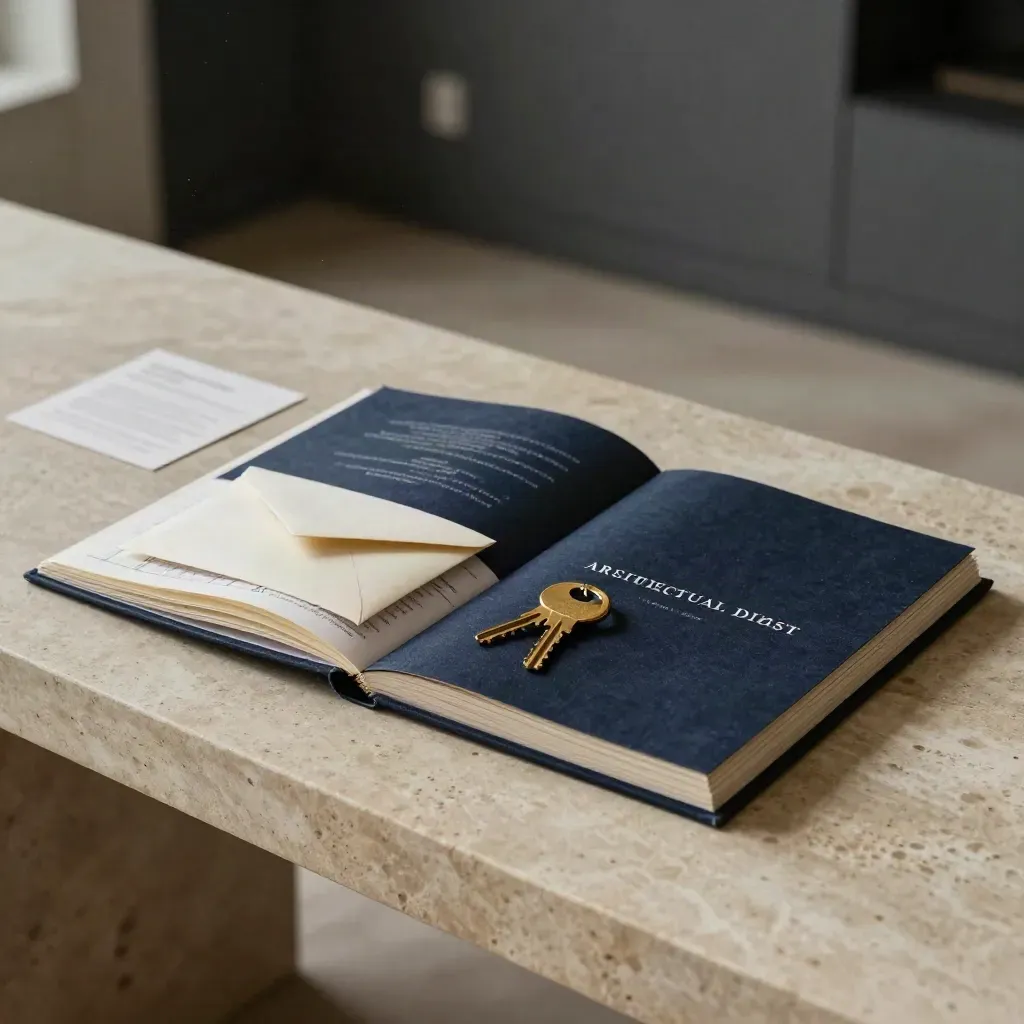 Navy estate marketing folio with proof sheets, key ring, and floor-plan sleeve on limestone.