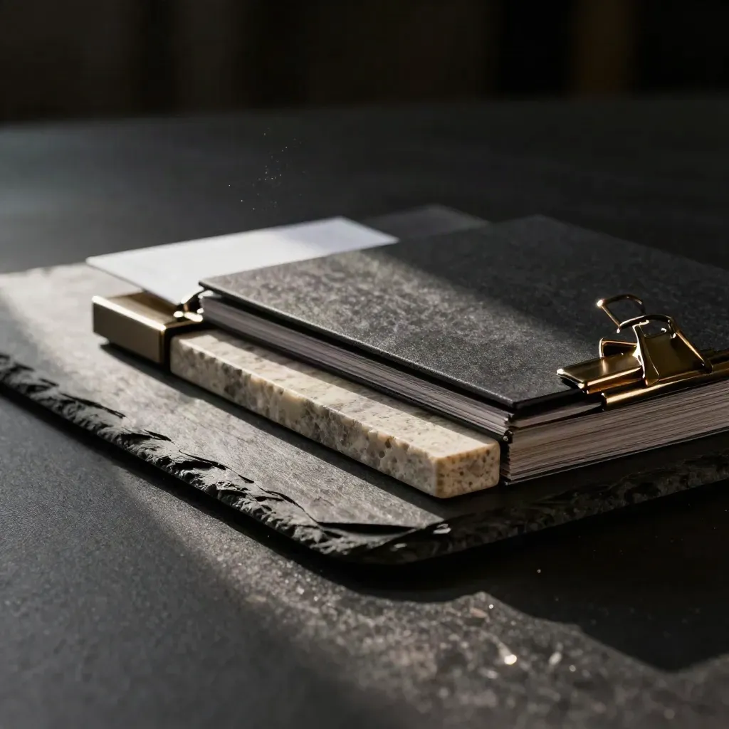 Dark luxury real-estate media package with slate board, sample book, steel clips and stone block