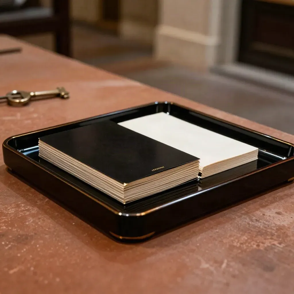 Dramatic Soho private-showing pass kit with black sleeve, ivory inserts, and lacquer tray.