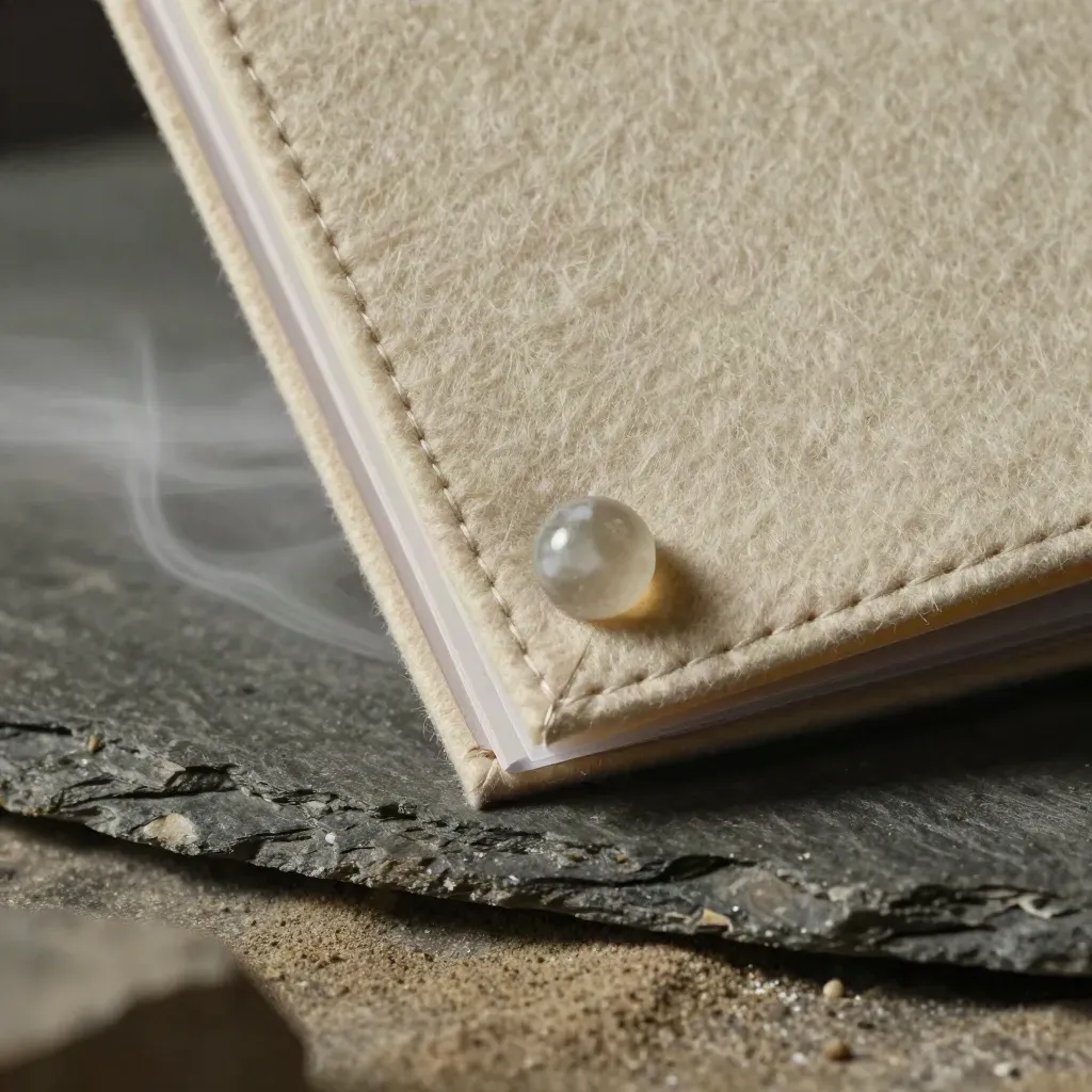 Cream felt rental folio with stitched spine and quartz weight on a slate stone ledge