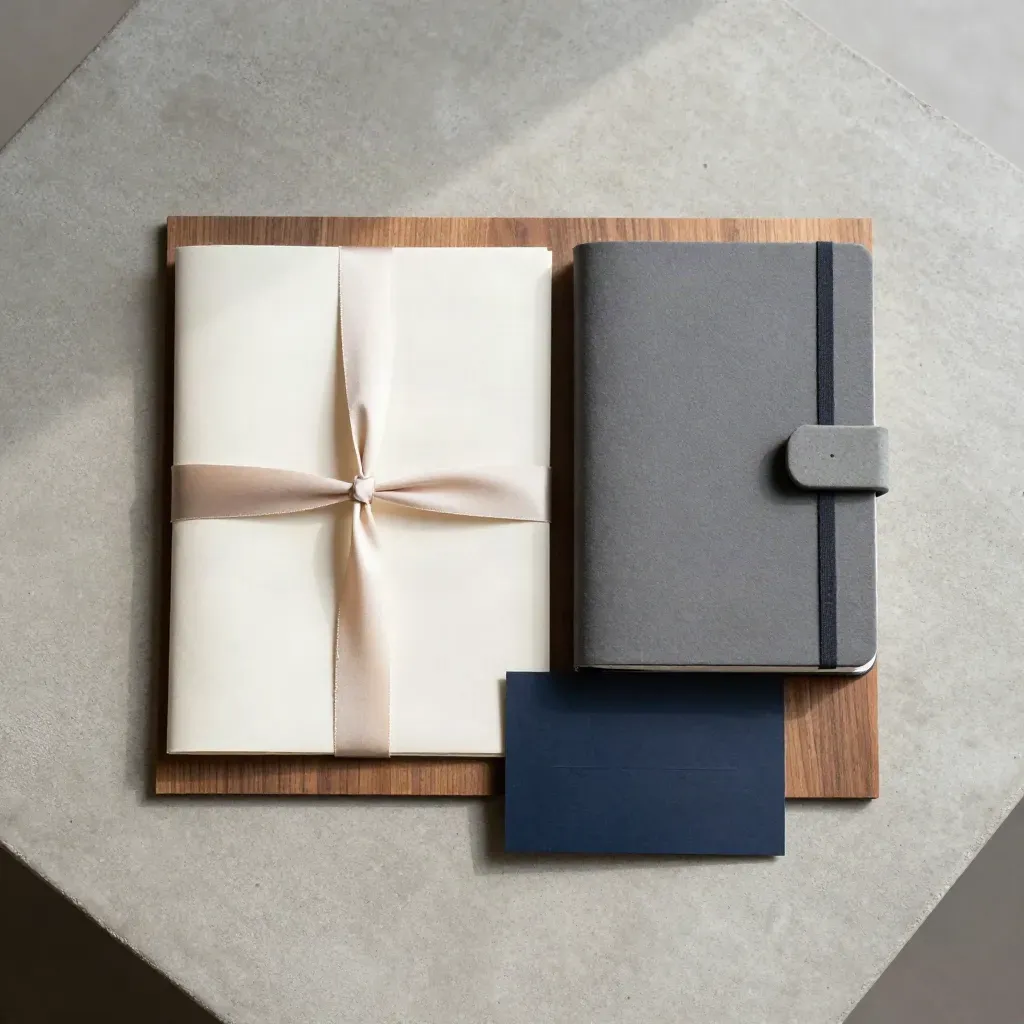 Overhead flatlay of a Tribeca relocation pack with papers, ribbon, notebook, and stone weight.