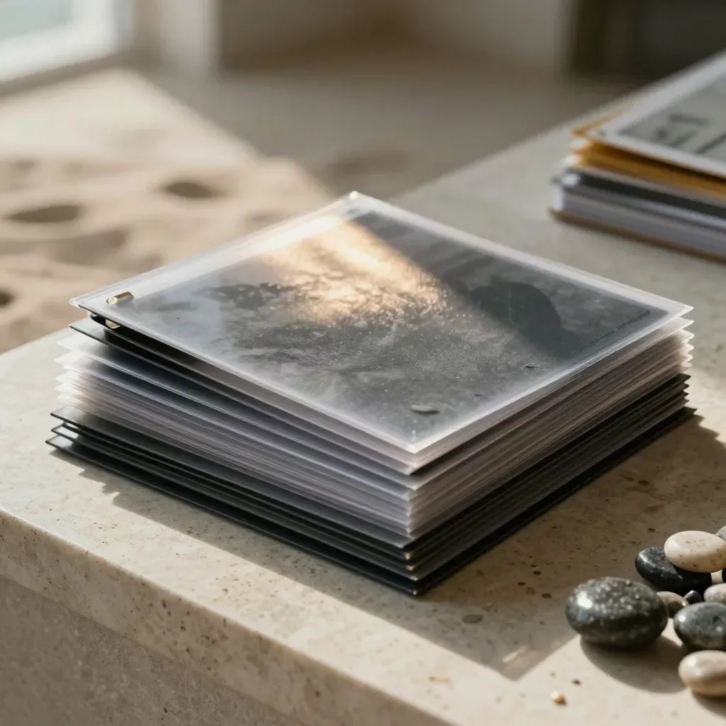 Open Miami investor deal-review folio with sleeves, charcoal dividers and a pebble on travertine