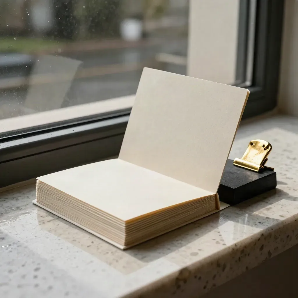 Luxury property valuation bundle with proof cards, brass clip and folded board on travertine.